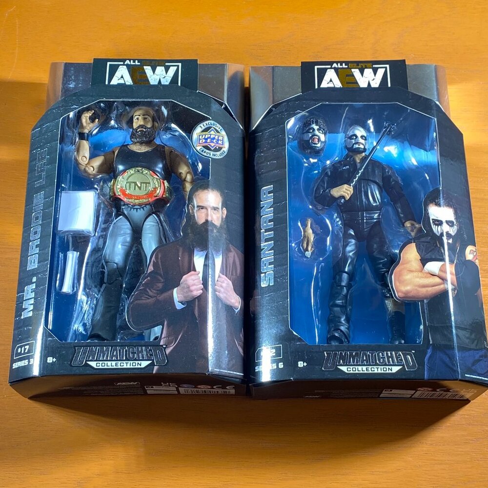 AEW Jazwares Unmatched Lot Of 2 Series 6 & 3 Santana / Mr. Brodie Lee w Cards